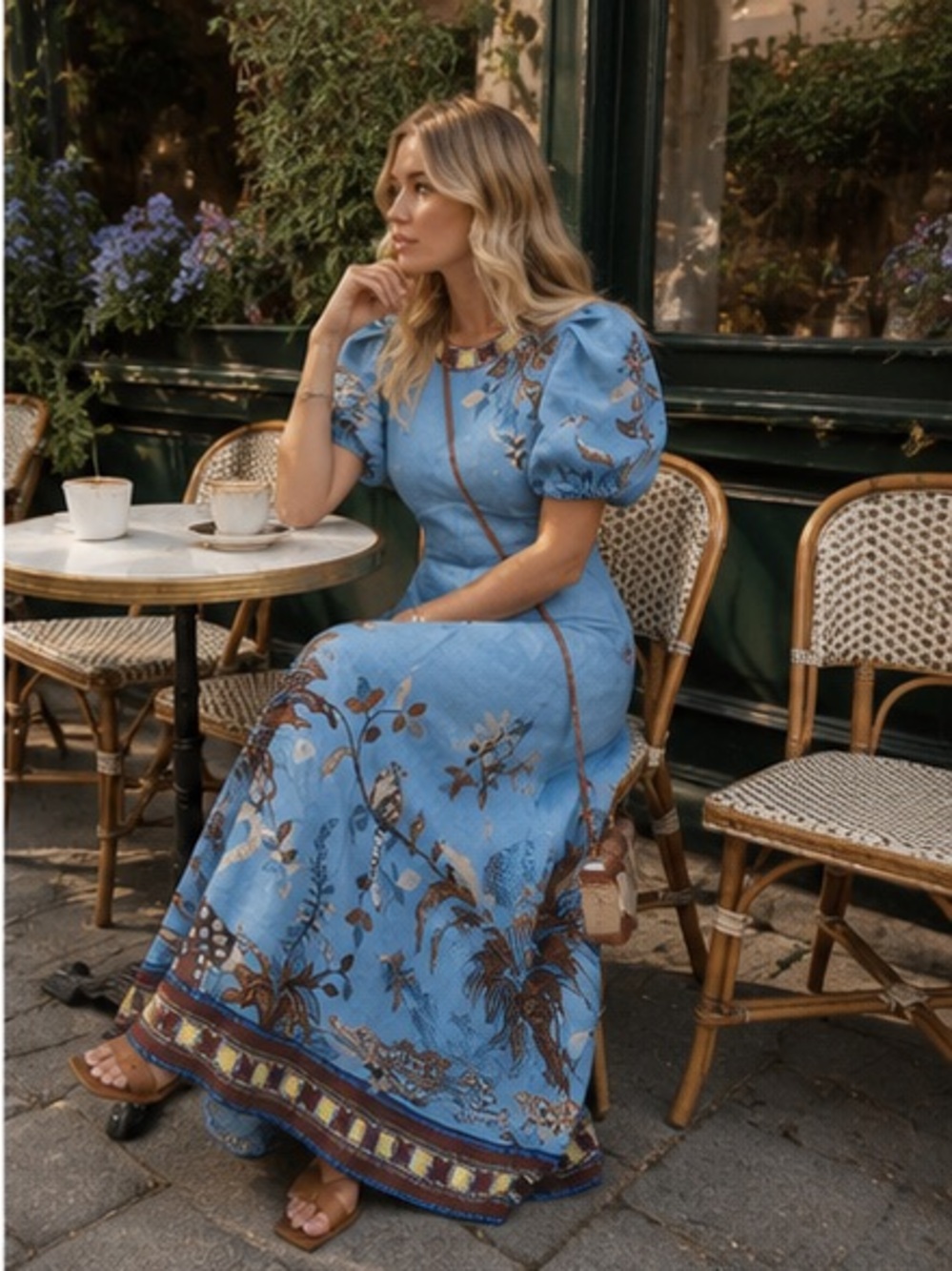 Alemais George midi Blue Puff-Sleeve Floral Dress